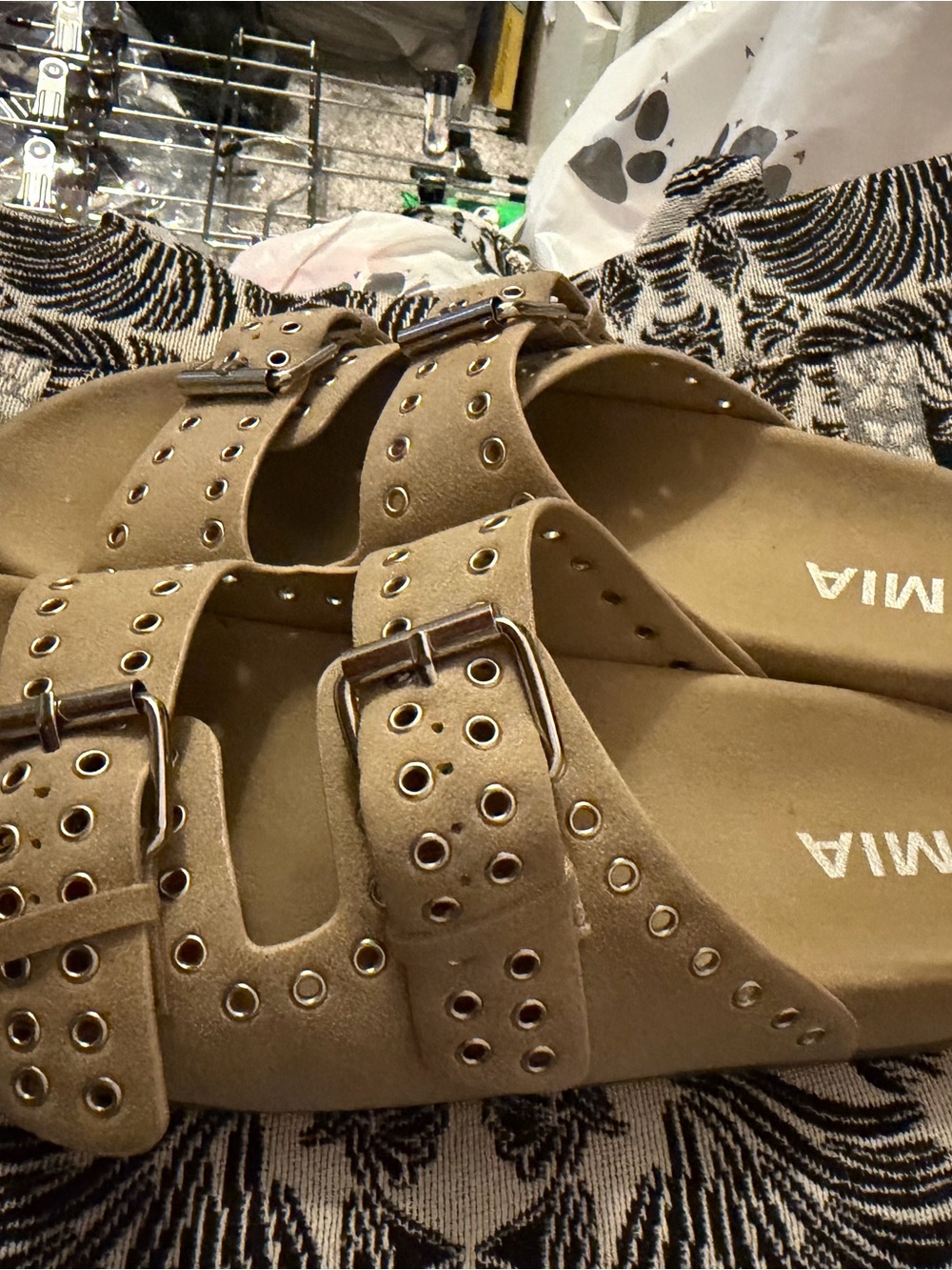 MIA Taupe Double-Buckle Grommet Slide Sandals women's size 8 - Picture 2 of 3